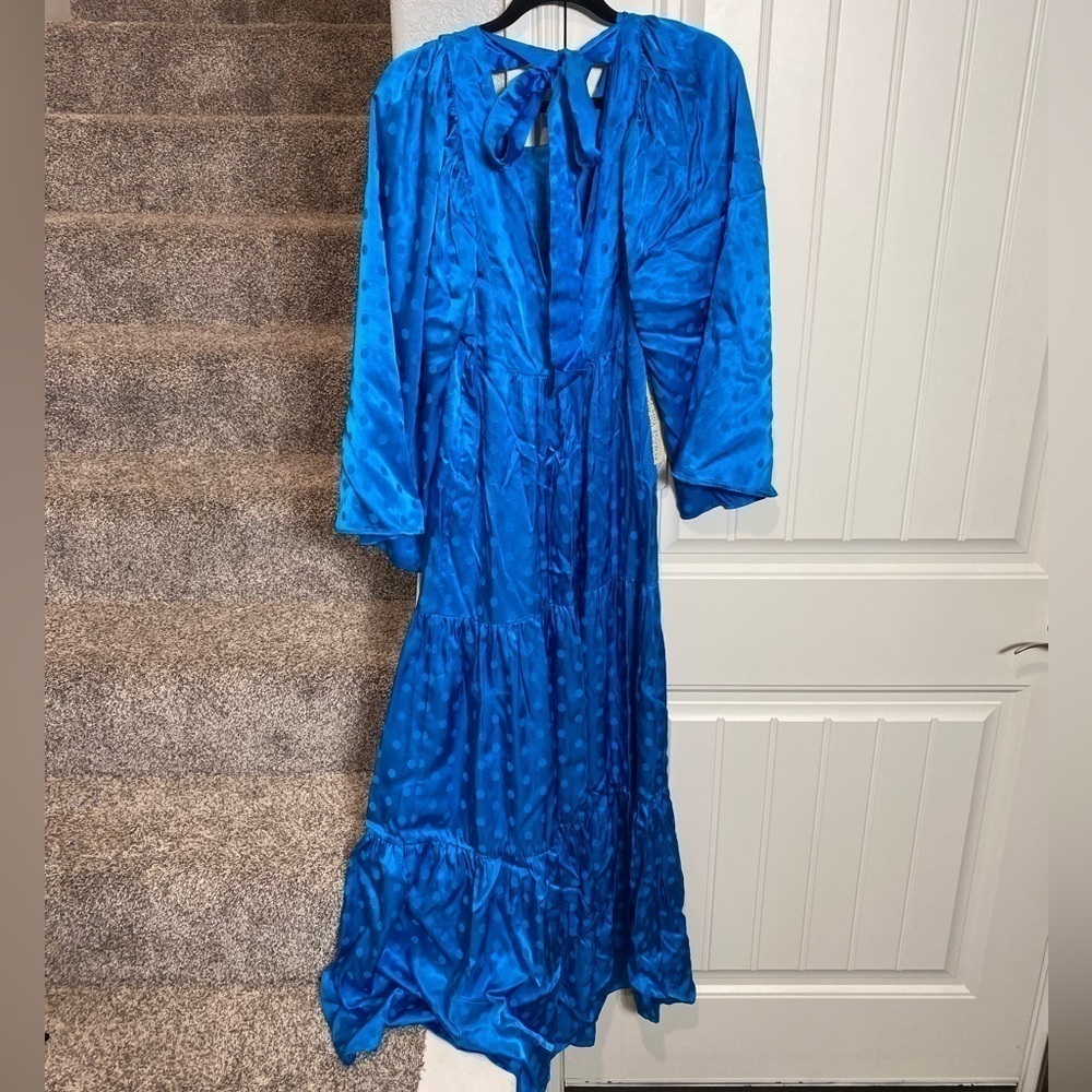 HAPPY NATURE DAYDREAM blue satin maxi dress tiered ruffle polka dot wide sleeve - Picture 12 of 12